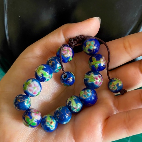 Vintage Cloisonne Hand Knotted Adjudtable Blue Pink Floral Bracelet - Picture 1 of 6